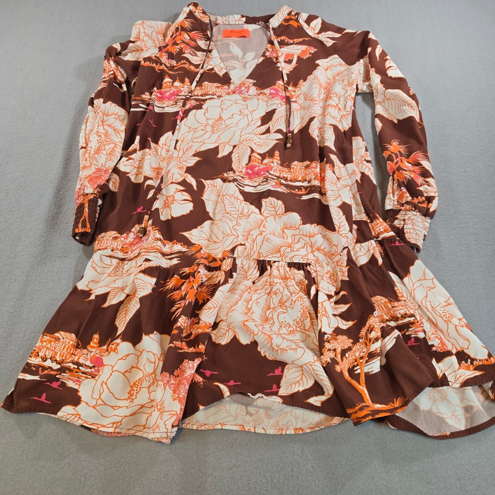 Maaji Mini Dress Women S Brown Orange Tropical Floral Scenic Long Sleeve Boho - Picture 4 of 8